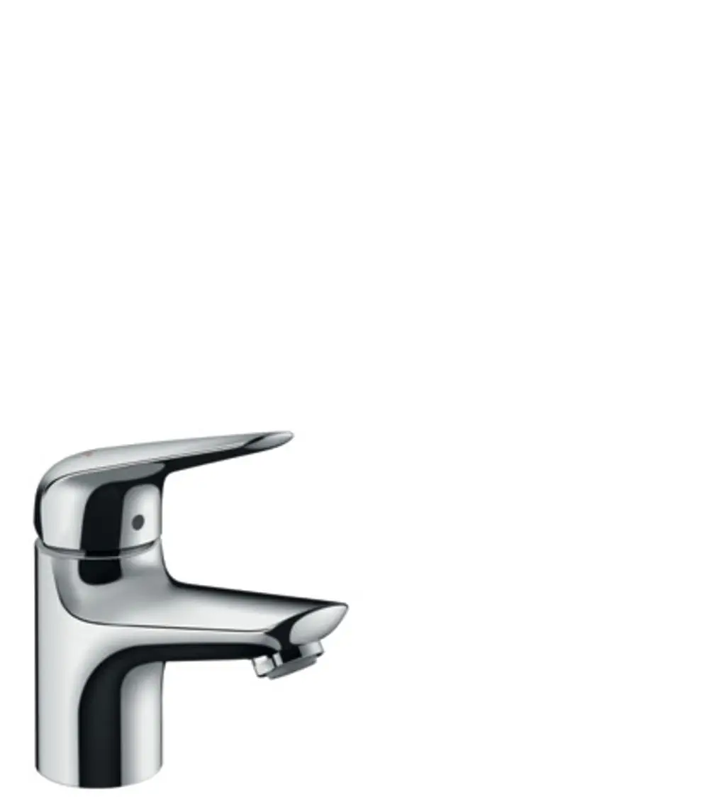Einhebel-Waschtischmischer in Chrom-Optik von Hansgrohe mit flacher Auslaufkante und integrierter Zugstangen-Ablaufgarnitur.